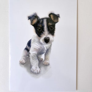 Tarjeta de felicitación tamaño A5 con un cachorro abandonado, a partir de una acuarela original de Kirstie Trobe Fine Art. Interior en blanco.