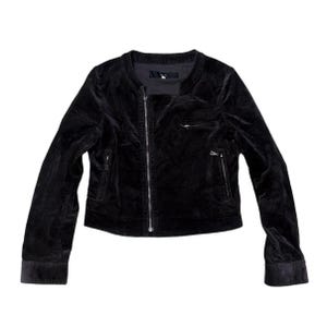May include: A black velvet jacket with a round collar and a silver zip. The jacket has two zipped front pockets and long sleeves. The jacket is a cropped style.