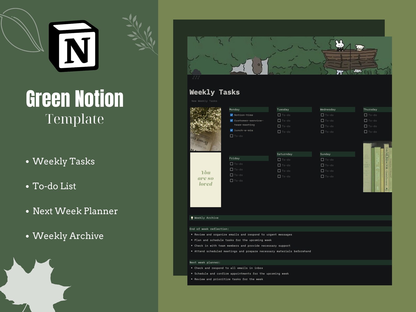 Dark Mode Green Cozy Notion | Notion Planner | Notion Template | Notion ...
