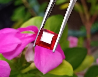 May include: A red square-shaped gemstone held by tweezers against a backdrop of pink and green foliage.
