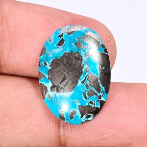 May include: Oval-shaped gemstone with a striking combination of turquoise blue and dark gray hues. The stone features a matrix pattern, with the blue color interspersed throughout the gray. The polished surface reflects light, highlighting the stone's natural beauty.