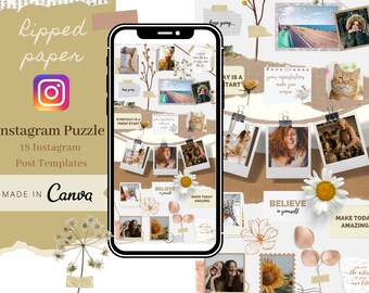 May include: A digital design for Instagram featuring a collage of photos, quotes, and floral elements. The design includes the text "Instagram Puzzle" and "18 Instagram Post Templates", with the words "Made in Canva" at the bottom.