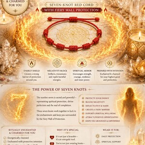 May include: A red cord bracelet featuring seven knots, centered on a circular stone base. The image includes text such as ENCHANTED & CHARMED FOR YOU PROTECTION BRACELET, THE POWER OF SEVEN KNOTS, and various descriptions of spiritual protection.