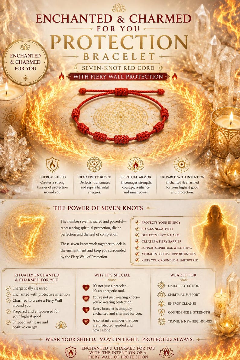 May include: A red cord bracelet featuring seven knots, centered on a circular stone base. The image includes text such as ENCHANTED & CHARMED FOR YOU PROTECTION BRACELET, THE POWER OF SEVEN KNOTS, and various descriptions of spiritual protection.