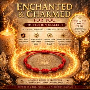 May include: A red cord bracelet with seven knots, centered on a circular stone base. The image features text including ENCHANTED & CHARMED FOR YOU, PROTECTION BRACELET, and descriptions of energy shield, negativity block, and spiritual armor.