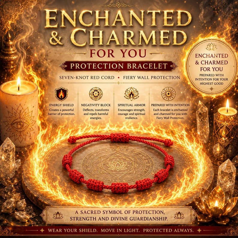 May include: A red cord bracelet with seven knots, centered on a circular stone base. The image features text including ENCHANTED & CHARMED FOR YOU, PROTECTION BRACELET, and descriptions of energy shield, negativity block, and spiritual armor.