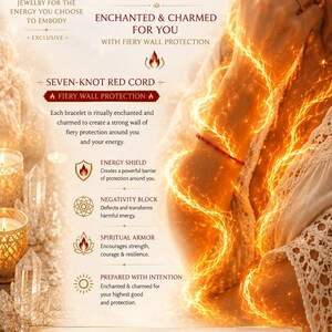 May include: A thin red cord bracelet worn on a wrist, accompanied by gold rings on the fingers. The image features text including GAIA TRIBE, WEAR YOUR SHIELD, MOVE IN LIGHT, PROTECTED ALWAYS, SEVEN-KNOT RED CORD, and various descriptive bullet points.