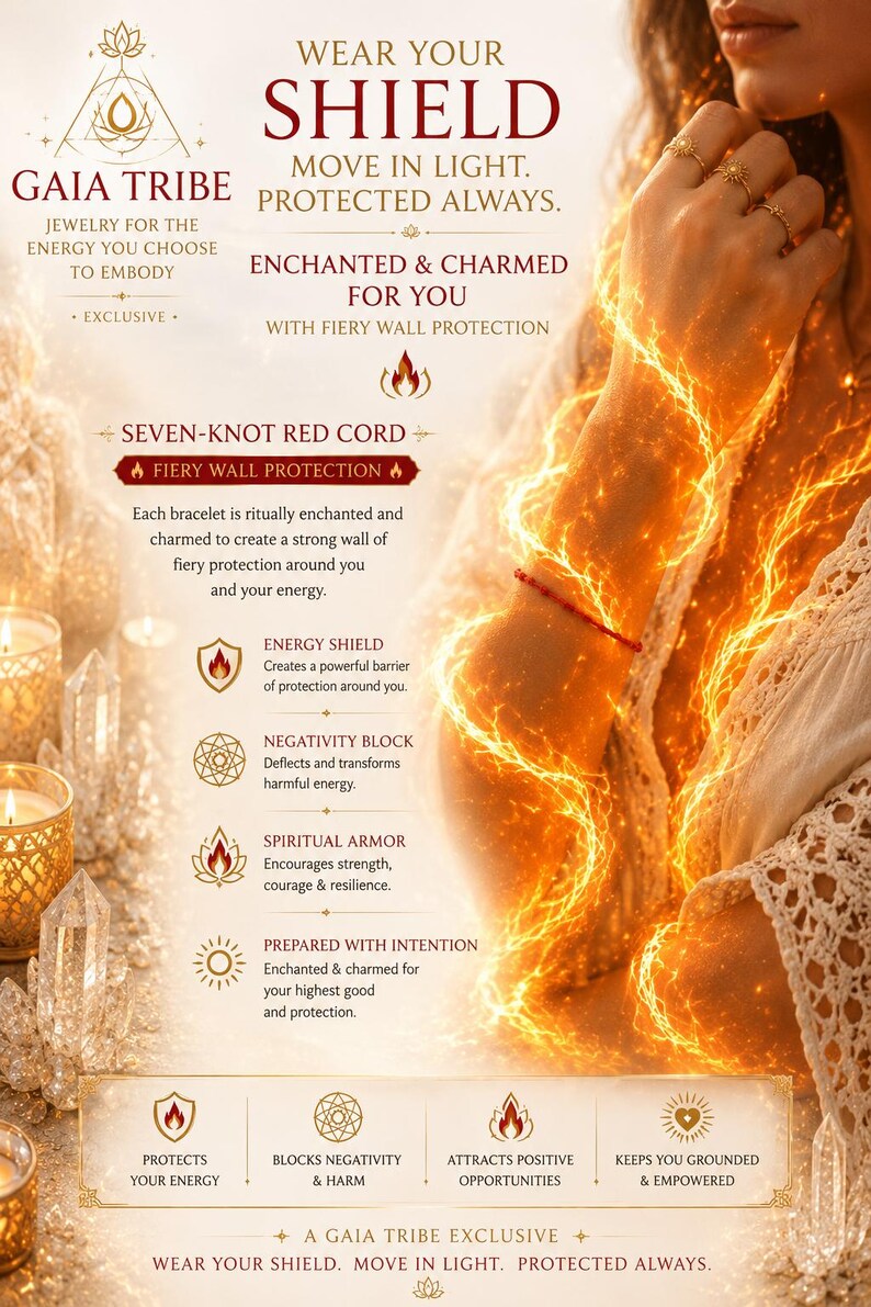 May include: A thin red cord bracelet worn on a wrist, accompanied by gold rings on the fingers. The image features text including GAIA TRIBE, WEAR YOUR SHIELD, MOVE IN LIGHT, PROTECTED ALWAYS, SEVEN-KNOT RED CORD, and various descriptive bullet points.