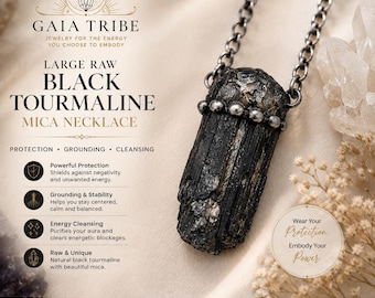 May include: A raw black tourmaline and mica pendant necklace on a dark metal chain. The text reads GAIA TRIBE, LARGE RAW BLACK TOURMALINE MICA NECKLACE, PROTECTION, GROUNDING, CLEANSING, Powerful Protection, Grounding & Stability, Energy Cleansing, Raw & Unique.