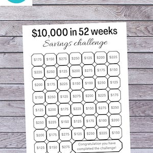 10,000 in 52 Weeks Savings Challenge, Saving challenge for one year, 10,000 dollar challenge in one year