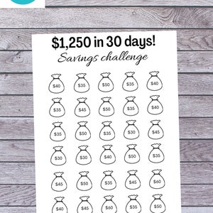 1,250 in 30 days Savings Challenge, Saving challenge for one month, 1,250 dollar challenge