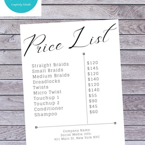 Small Business Price List Download, Price List Template, Editable Price list, Pricing List, Salon Price list, Product List, Price Chart