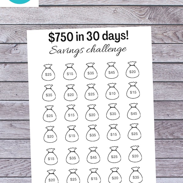 750 in 30 days Savings Challenge, Saving challenge for one month, 750 dollar challenge