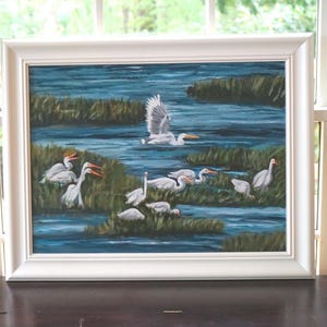 Framed Original Egrets In Marsh Painting, Tidal Wetlands Egret Painting, Low Country Marsh Landscape, Salt Water Marsh, Coastal Decor