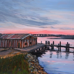Impresión giclée del amanecer en Savannah Marsh: Arte costero de cobertizo para botes