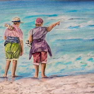 Friends On Beach Print, Walk On Beach Print, Friends By The Sea Print, Friends On The Beach Watercolor Print, Coastal Décor Print