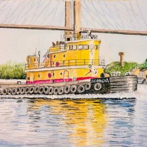 Boat Watercolor Print, Coastal Watercolor Painting,  Coastal Watercolor Print, Savannah Georgia Print, Tugboat Print, Nautical Boat Print