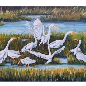 Egrets In Marsh Print, Tidal Wetlands Egret Print, Low Country Marsh Landscape, Salt Water Marsh Print, Marsh Waders Wall Art, Coastal Decor