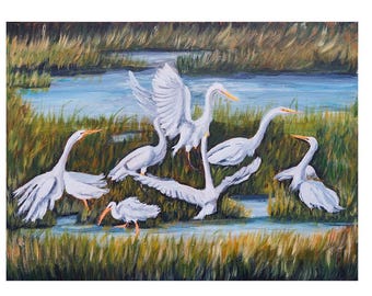 Egrets in Marsh Giclée Print: Coastal Wetlands Wall Art