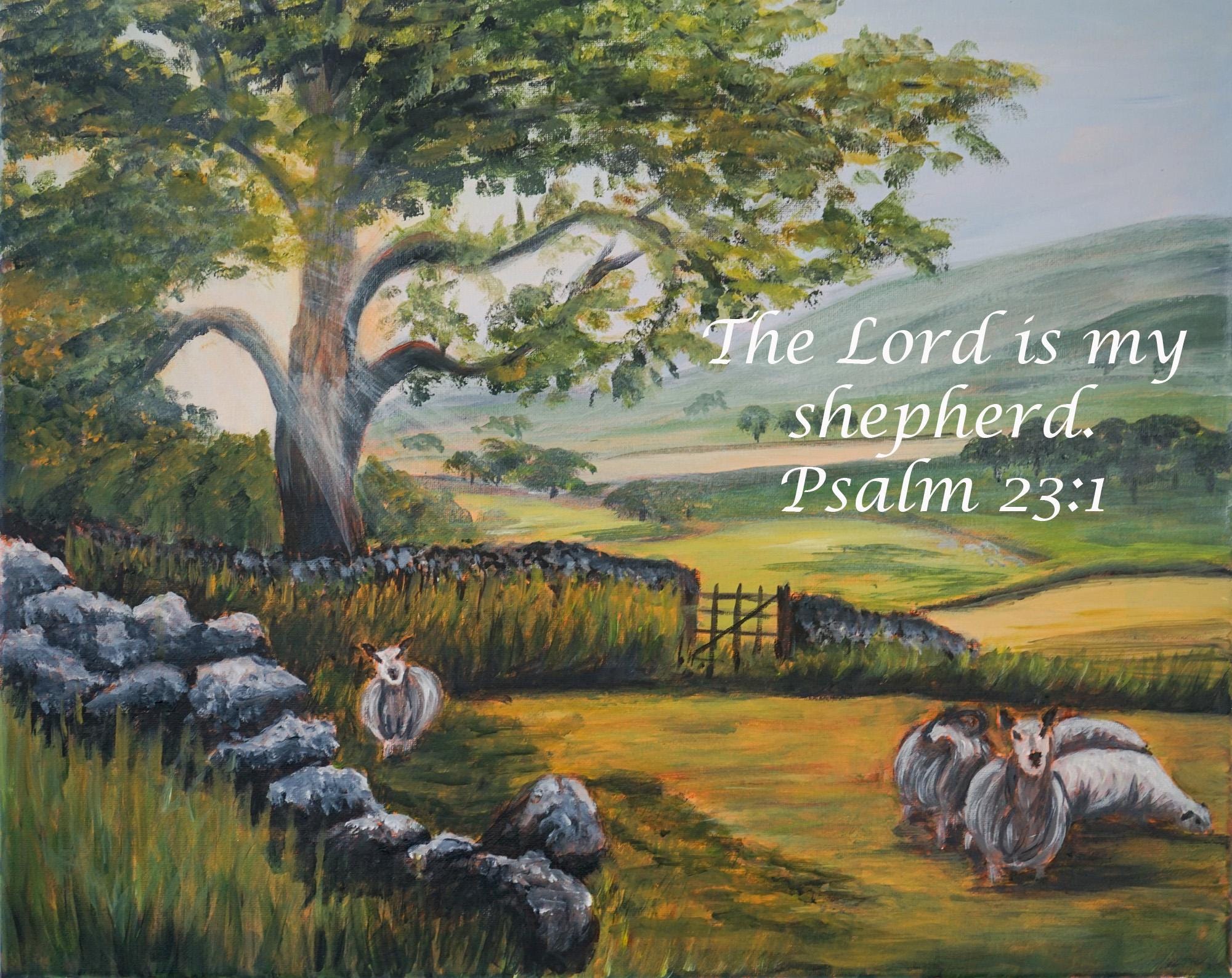 Psalm 23 Art Print: Sheep Pasture Landscape, Christian Scripture