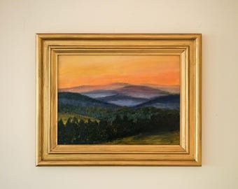 Ingelijst origineel schilderij Appalachian Mountains bij zonsondergang: Smokey Mountains, Blue Ridge Parkway Art