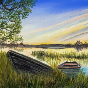 Impresión de marisma costera: barcos de acuarela, paisaje marino al amanecer