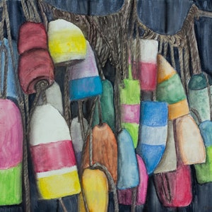 Coastal Buoy Art Print: Nautical Gouache Painting