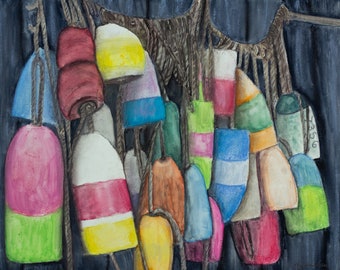 Coastal Buoy Art Print: Nautical Gouache Painting