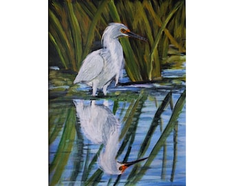 Giclée-print reiger met reflectie: muurkunst kustmoerassen