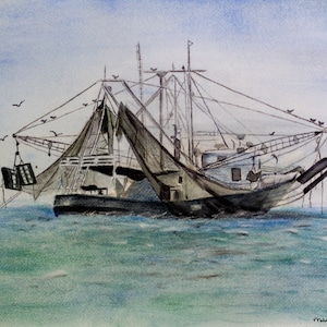 Shrimp Boat Watercolor Print: Coastal Nautical Art