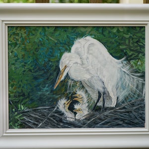 Original Framed Egret Painting, Egret With Hatchlings Painting, Low Country Bird Painting, Marsh Bird Painting, Coastal Decor