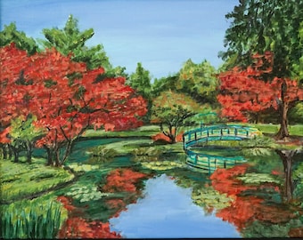 Garden With Pond Reflections Print, Monet Bridge At Gibbs Garden Print, Garden With Reflections Wall Art, Garden Pond Painting