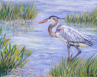 Aquarelprint blauwe reiger: kustmoerasvogelkunst