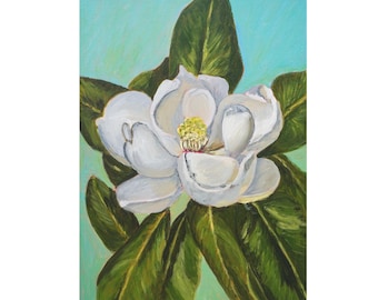 White Magnolia Flower Art Print: Southern Spring Acrylic Painting