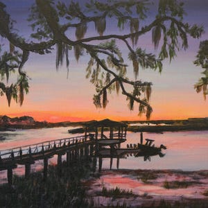 Impresión artística del amanecer en el pantano de Savannah, Georgia: Escena del muelle costero