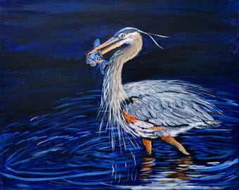 Blue Heron Coastal Art Print: Marsh Bird with Fish