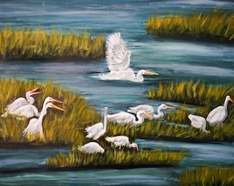 Gicléeprint van zilverreigers in moeras: kustvogelkunst