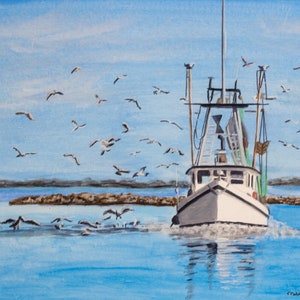 Shrimp Boat Art Print: Coastal Nautical Painting