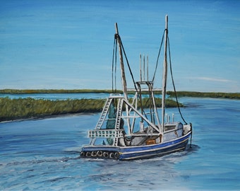 Garnelen Boot Druck: Küstenlandschaft Nautik Kunst, Strand Dekor