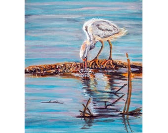 Giclée-print reiger met reflectie: muurkunst kustmoerassen