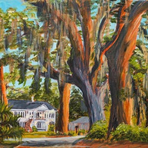 Savannah Georgia Tree Lined Drive Print, Live Oak With Southern Home Print, Savannah Georgia Painting,  Tree-Lined Street With Southern Home