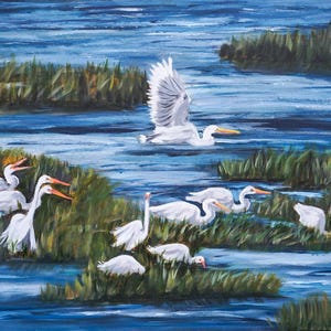 Egrets In Marsh Print, Tidal Wetlands Egret Print, Low Country Marsh Landscape, Salt Water Marsh Print, Marsh Waders Wall Art, Coastal Decor