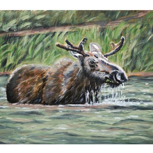 Moose Print, Bull Moose In Water Print, Bull Moose Wall Art, Wilderness Moose Painting, Cabin Decor, Rustic Decor, Outdoor Enthusiast Print