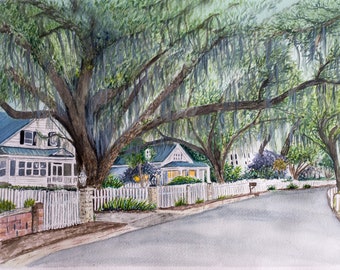 Savannah Georgia Watercolor Art Print: Bluff Drive Live Oaks