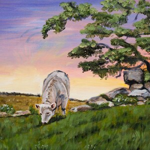 Koeweide print, koe zonsopgang print, weide landschap print, landelijke dierenprint, boerderij kunst aan de muur, cadeau koeliefhebbers, boerderijdieren kunst aan de muur