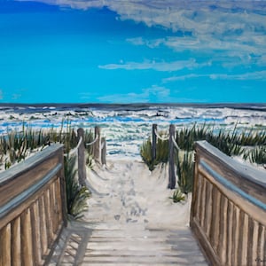 メキシコ湾岸のビーチの水彩画：遊歩道沿いの海草の絵画