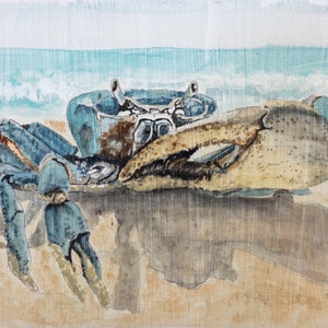 Stampa artistica acquerello di granchio blu: decorazione murale per spiaggia costiera