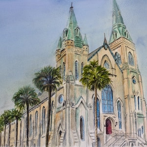 Impresión en acuarela de la iglesia de Savannah: Arte de la iglesia monumental de Wesley