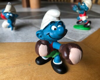 Original Sports 1980 Schleich Peyo Toy Figure Rare Collectors Piece made in West Germany Weight Lifter Smurf Strong Man