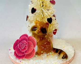 Valentine Raccoon with Rose Diorama - heart decor, cute animal decor, cute valentine decor, rose decor, raccoon art